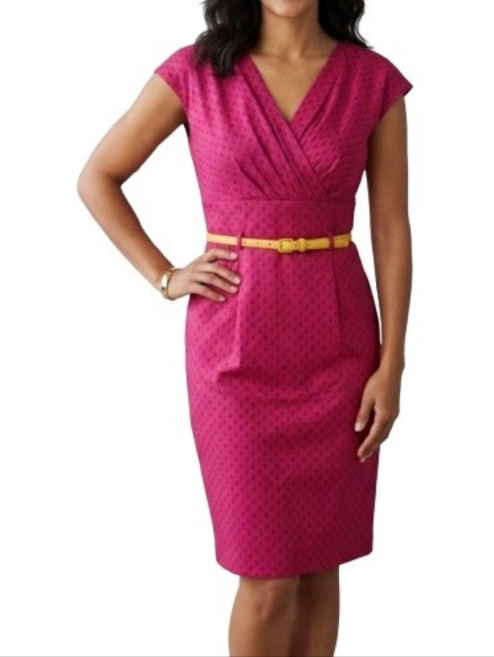 Jones New York Fuchsia Pink Sheath Dress Geo-Print Sheen V-Neck Yellow Belt